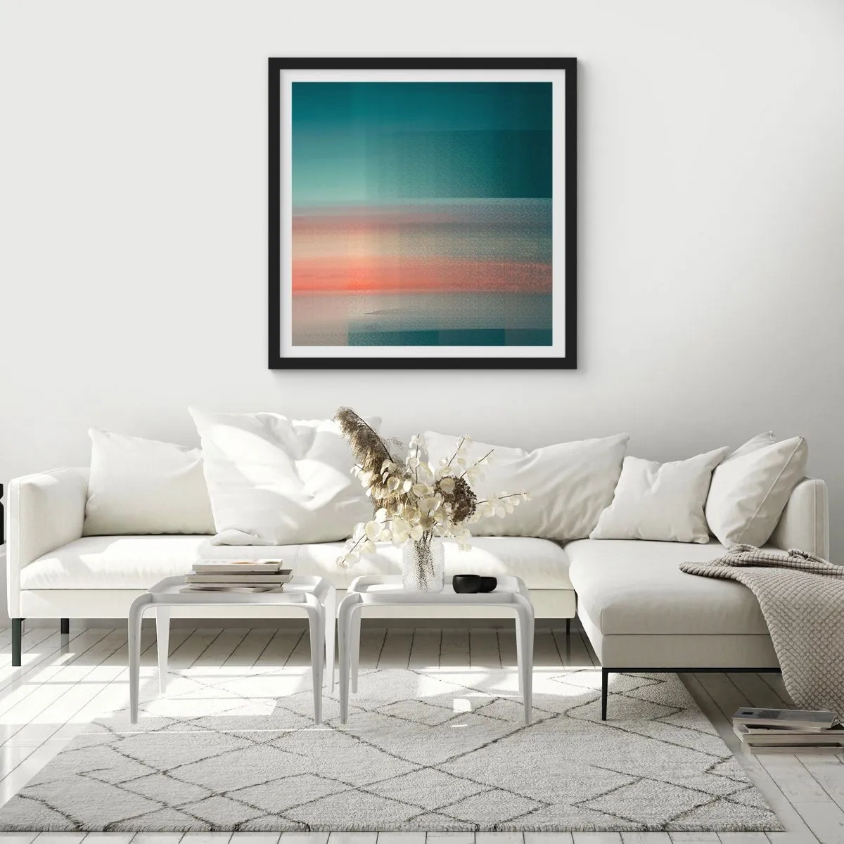 Pôster com moldura preta - Resumo: ondas de luz - 30x30 cm
