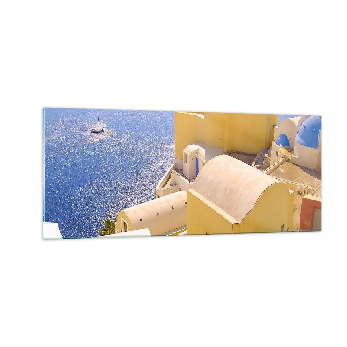 Quadro em vidro - Paisagem grega em branco e azul - 100x40 cm