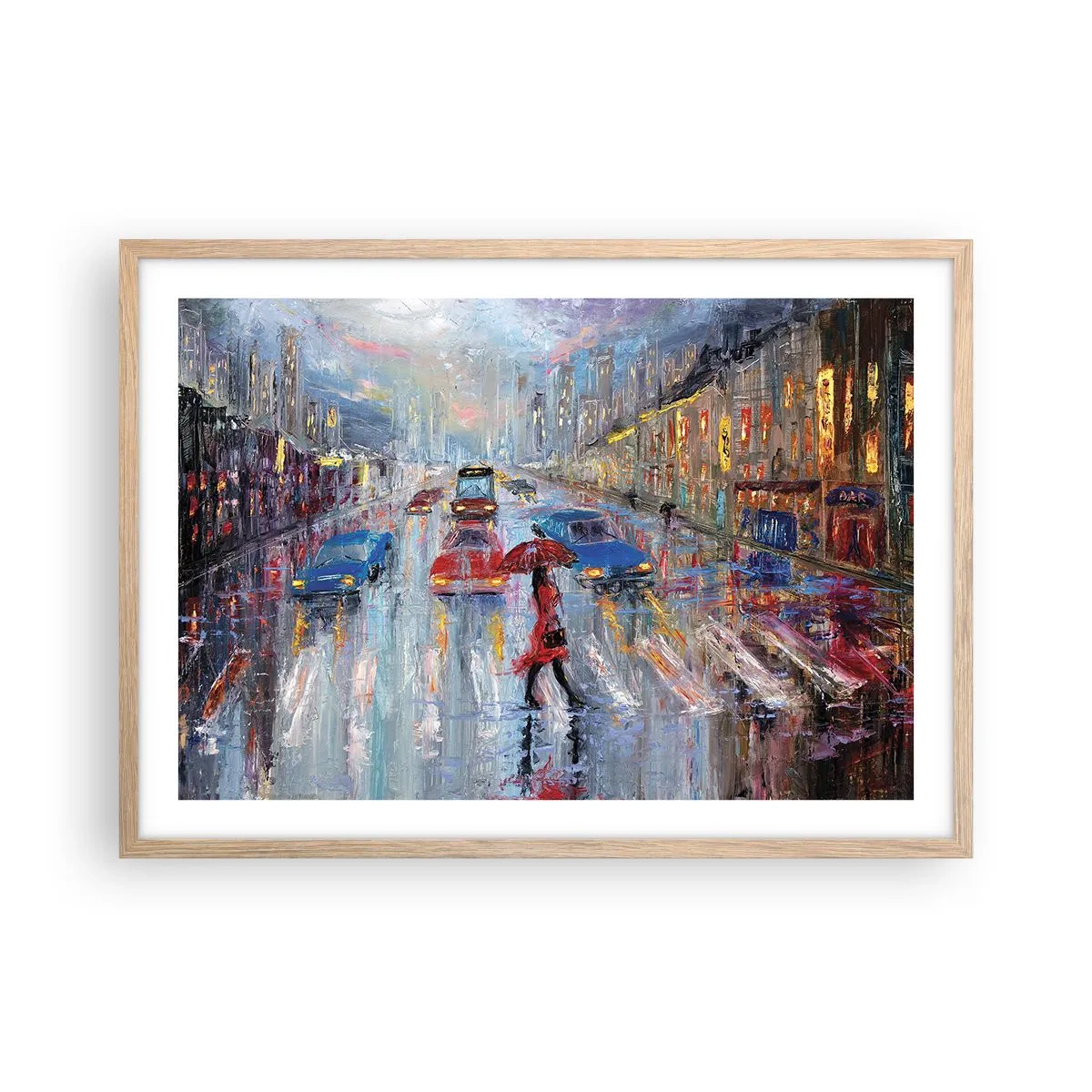 Pôster com moldura de carvalho claro - Tarde chuvosa na cidade - 70x50 cm
