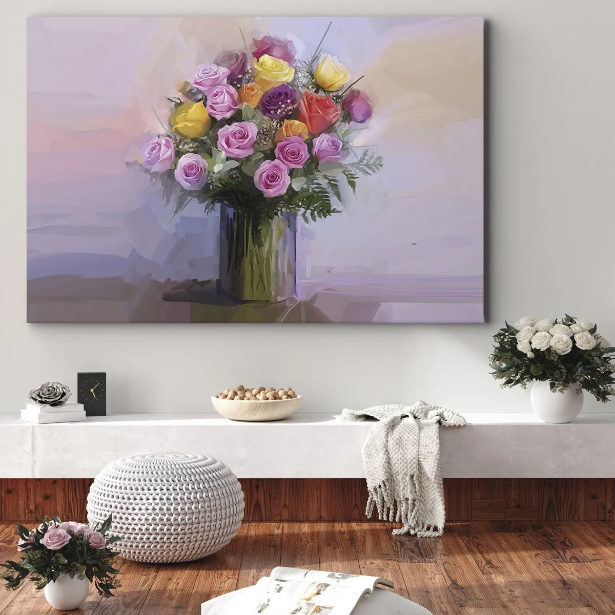 Quadro em tela - Um buquê de rosas coloridas em um vaso de vidro - 70x50cm - Beleza retida - Decoração de parede moderna para a sala de estar e quarto ARTTOR