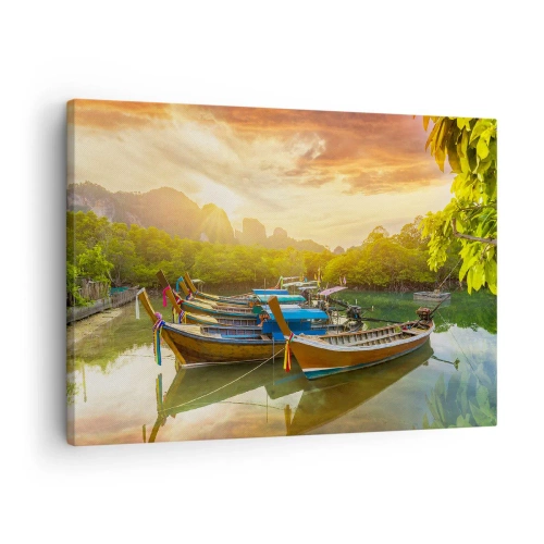 Quadro em tela - Barcos tradicionais em águas calmas ao pôr do sol - 70x50cm - Antes de um dia agitado - Decoração de parede moderna para a sala de estar e quarto ARTTOR