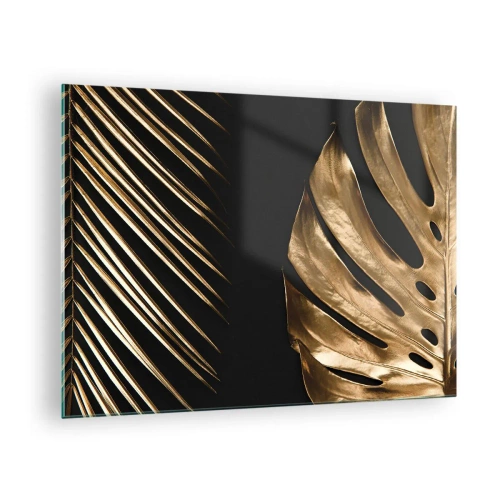 Quadro em vidro - Folhas de palmeira douradas e monsteras em um fundo preto - 70x50cm - Diferentes e igualmente caros - Decoração de parede moderna para a sala de estar e quarto ARTTOR