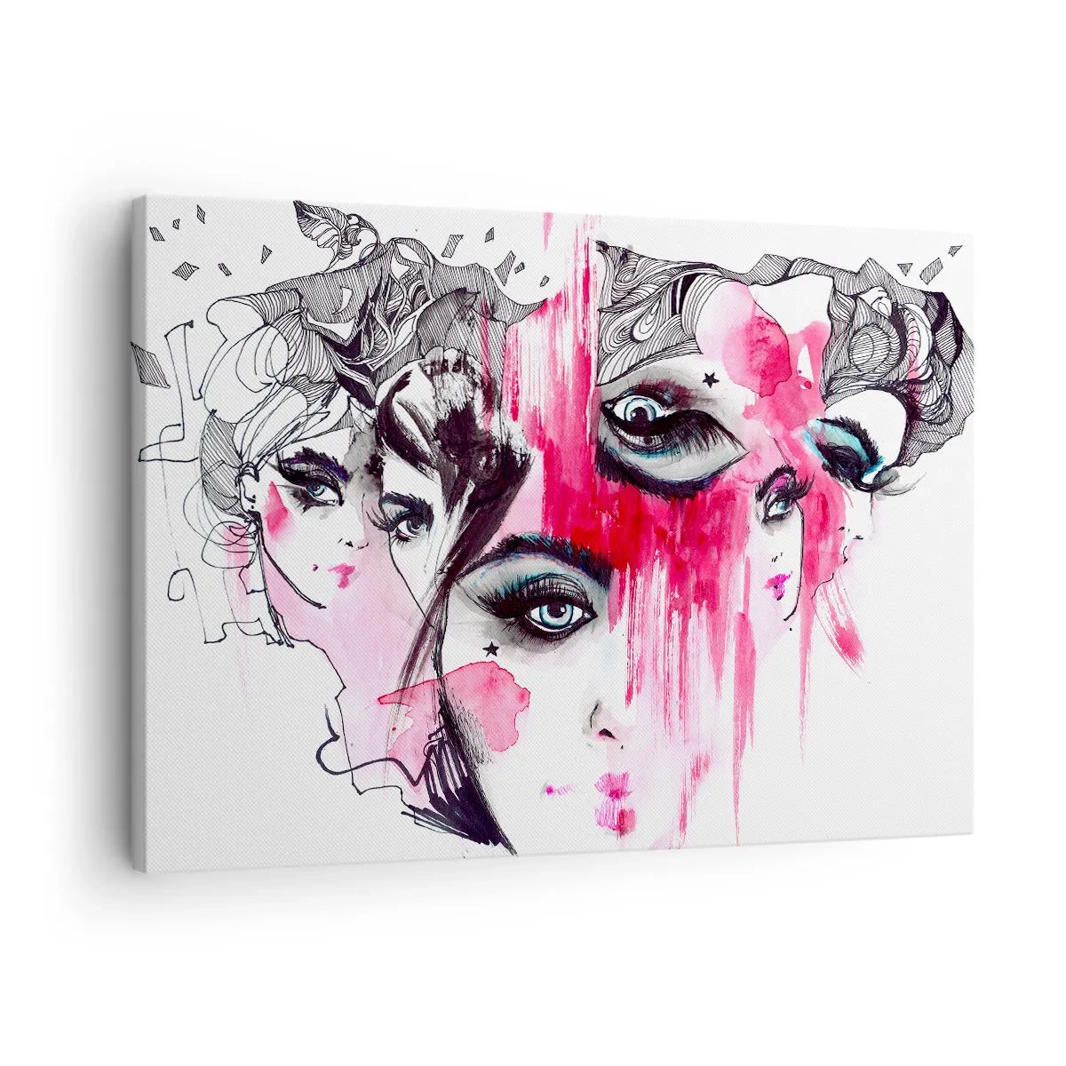 Quadro em tela - Rosto abstrato em tons de rosa e preto - 70x50cm - Olhos abstratos - Decoração de parede moderna para a sala de estar e quarto ARTTOR