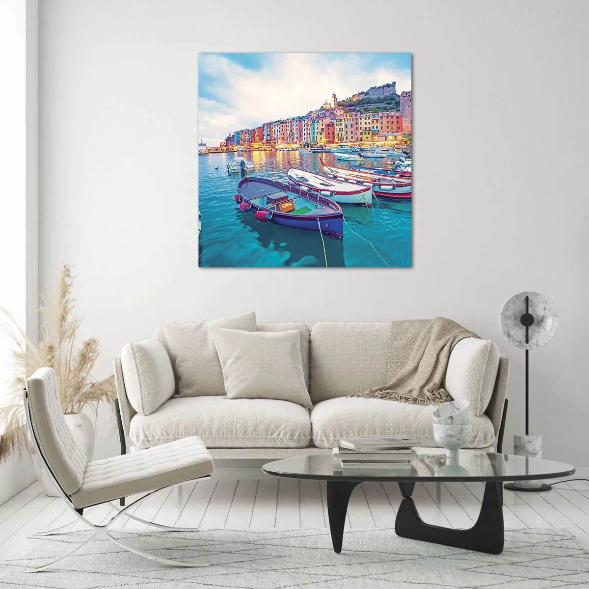 Quadro em vidro - Uma noite colorida no porto - 30x30 cm