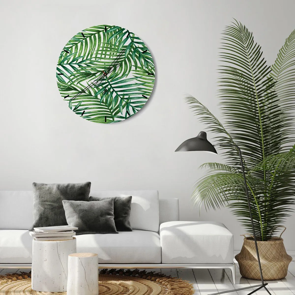 Relógio de parede - Relógio em vidro - Folhas de palmeira verdes dispostas em uma composição densa - 30x30cm - Sob as folhas verdes - Decoração de parede moderna para a sala de estar, cozinha e quarto ARTTOR