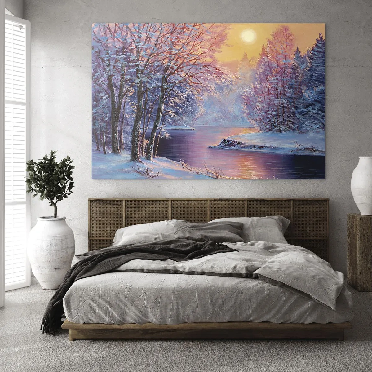 Quadro em vidro - Paisagem de inverno com um rio e um pôr do sol - 70x50cm - Cores do inverno - Decoração de parede moderna para a sala de estar e quarto ARTTOR
