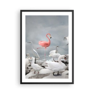 Pôster com moldura preta - Um flamingo rosa cercado por pássaros brancos contra o céu - 50x70cm - Como vim parar aqui? - Decoração de parede moderna para a sala de estar e quarto ARTTOR