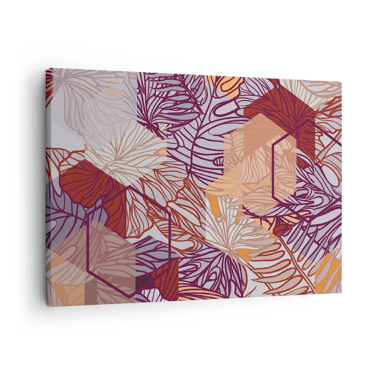 Quadro em tela - Um padrão decorativo de folhas tropicais em tons de roxo, laranja e bege. - 70x50cm - A impossível relação entre a geometria e a natureza - Decoração de parede moderna para a sala de estar e quarto ARTTOR