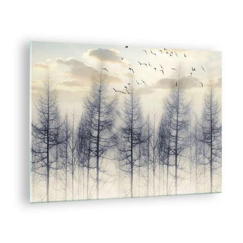 Quadro em vidro - Uma floresta enevoada com pássaros, iluminada pelo sol nascente - 70x50cm - Espíritos florestais - Decoração de parede moderna para a sala de estar e quarto ARTTOR