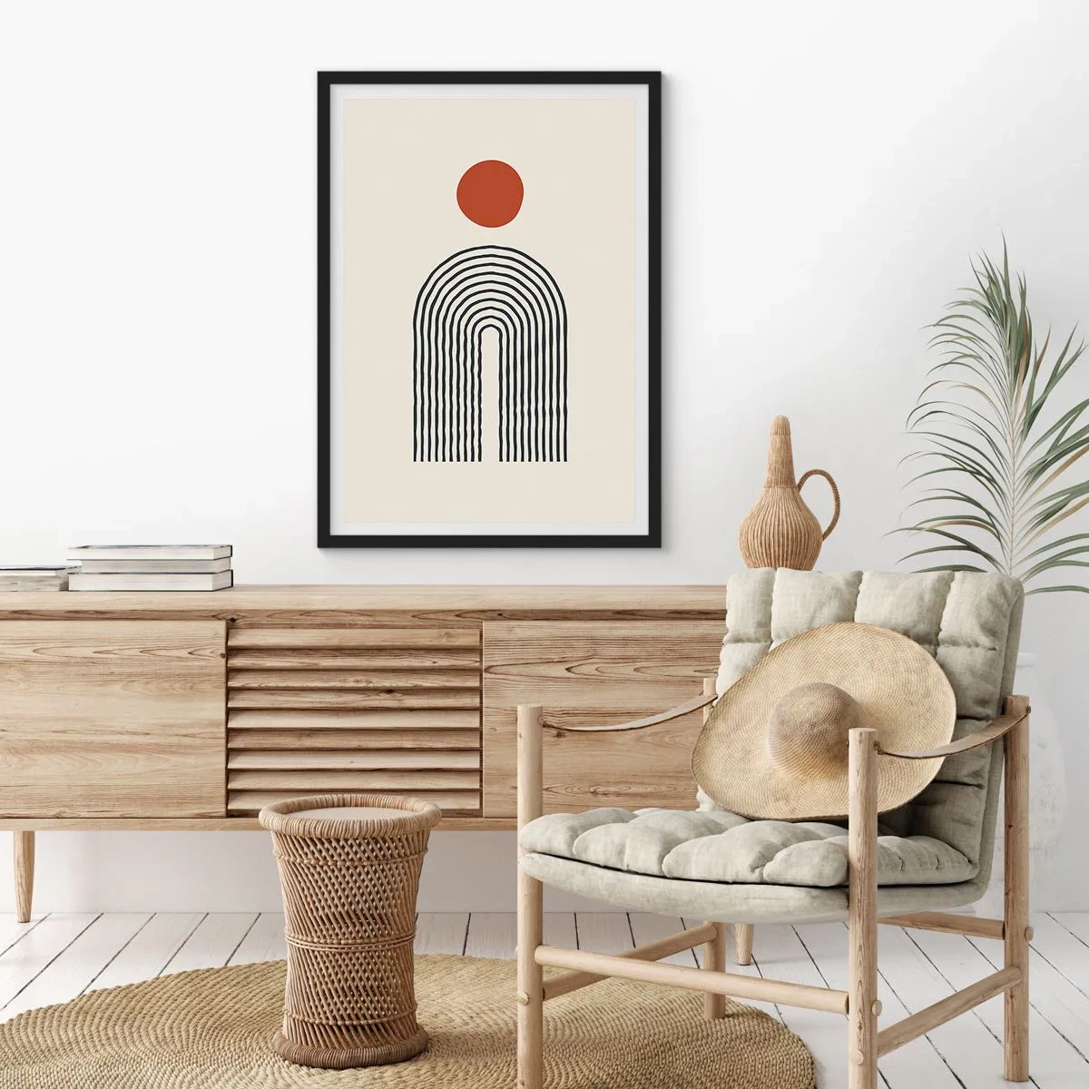 Pôster com moldura preta - Abstração geométrica com um arco linear e um círculo vermelho. - 50x70cm - Magnetismo de formas e cores - Decoração de parede moderna para a sala de estar e quarto ARTTOR