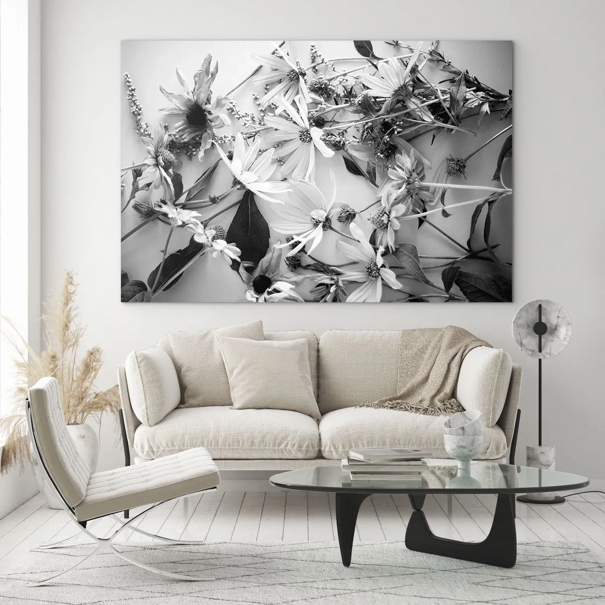 Quadro em vidro - Flores pretas e brancas espalhadas em um arranjo artístico - 70x50cm - Não é um ramo de flores - Decoração de parede moderna para a sala de estar e quarto ARTTOR