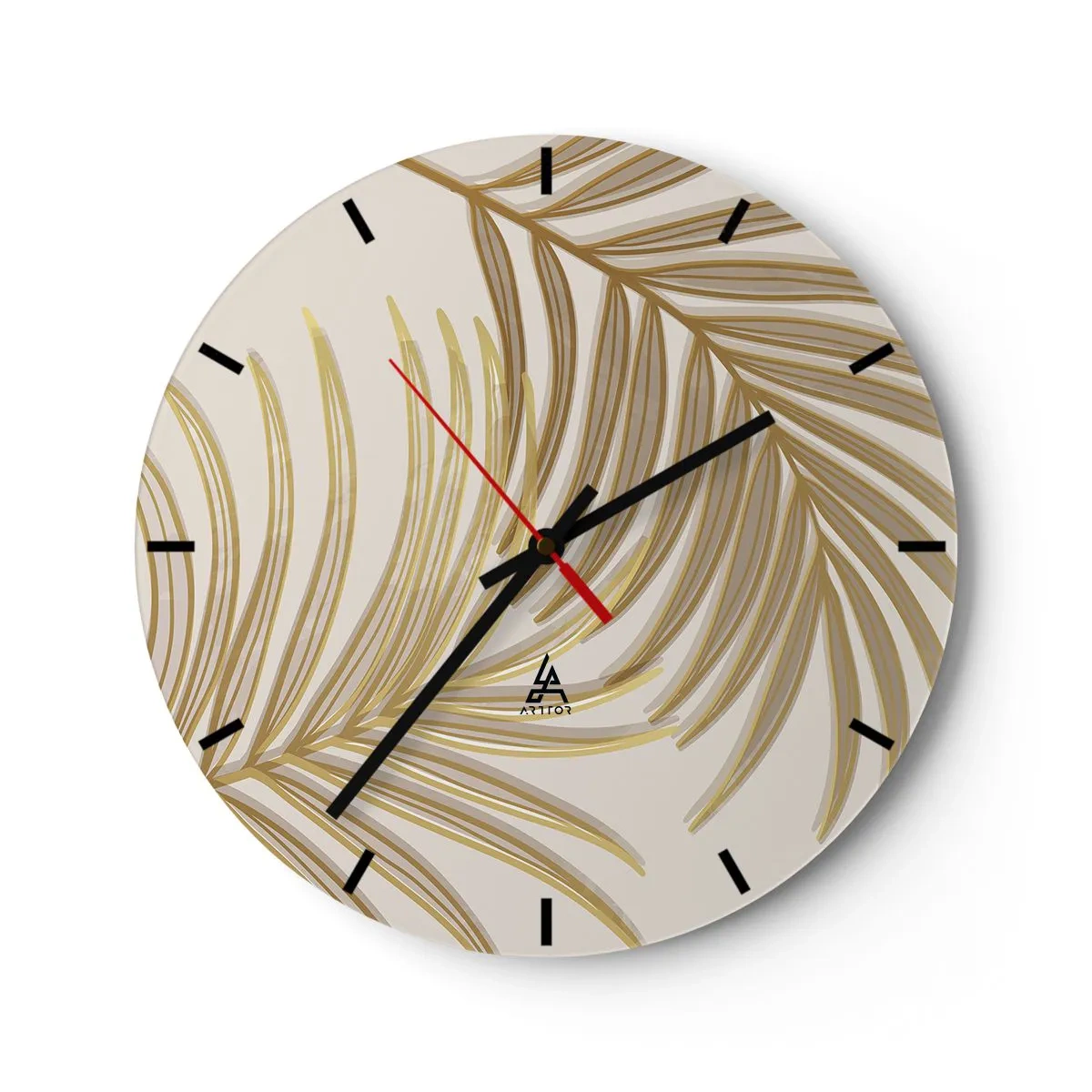 Relógio de parede - Relógio em vidro - Folhas de palmeira douradas sobre fundo bege em um arranjo elegante - 30x30cm - Palma de Ouro! - Decoração de parede moderna para a sala de estar, cozinha e quarto ARTTOR