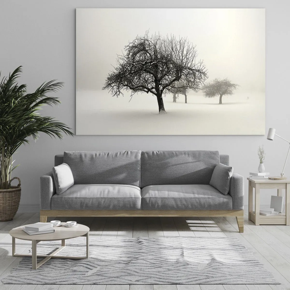 Quadro em vidro - Árvores em uma paisagem de inverno cobertas de neve e neblina - 70x50cm - Sono de inverno - Decoração de parede moderna para a sala de estar e quarto ARTTOR