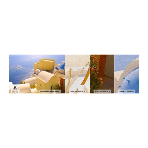 Amostra de papel de parede Premium Canvas - Paisagem grega em branco e azul - Paisagem, Santorini, Grécia - 100x30 cm