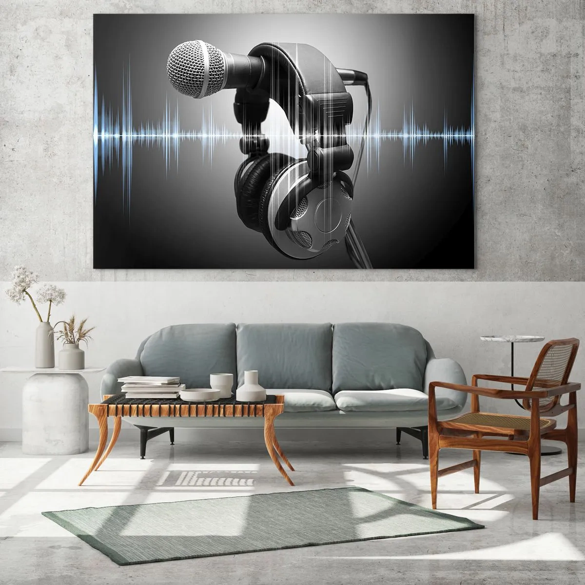 Quadro em vidro - Microfone com fones de ouvido contra um fundo de ondas sonoras - 70x50cm - Ainda pode-se ouvir o canto - Decoração de parede moderna para a sala de estar e quarto ARTTOR