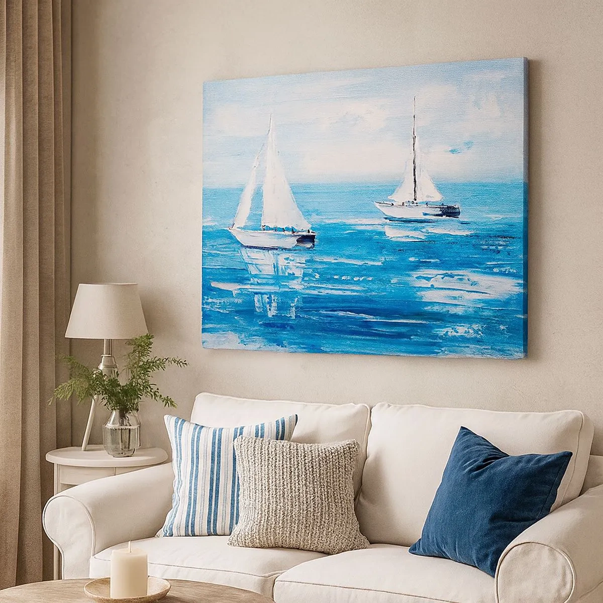Quadro em tela - Iates no mar azul em estilo artístico - 70x50cm - Com um amigo ao meu lado - Decoração de parede moderna para a sala de estar e quarto ARTTOR