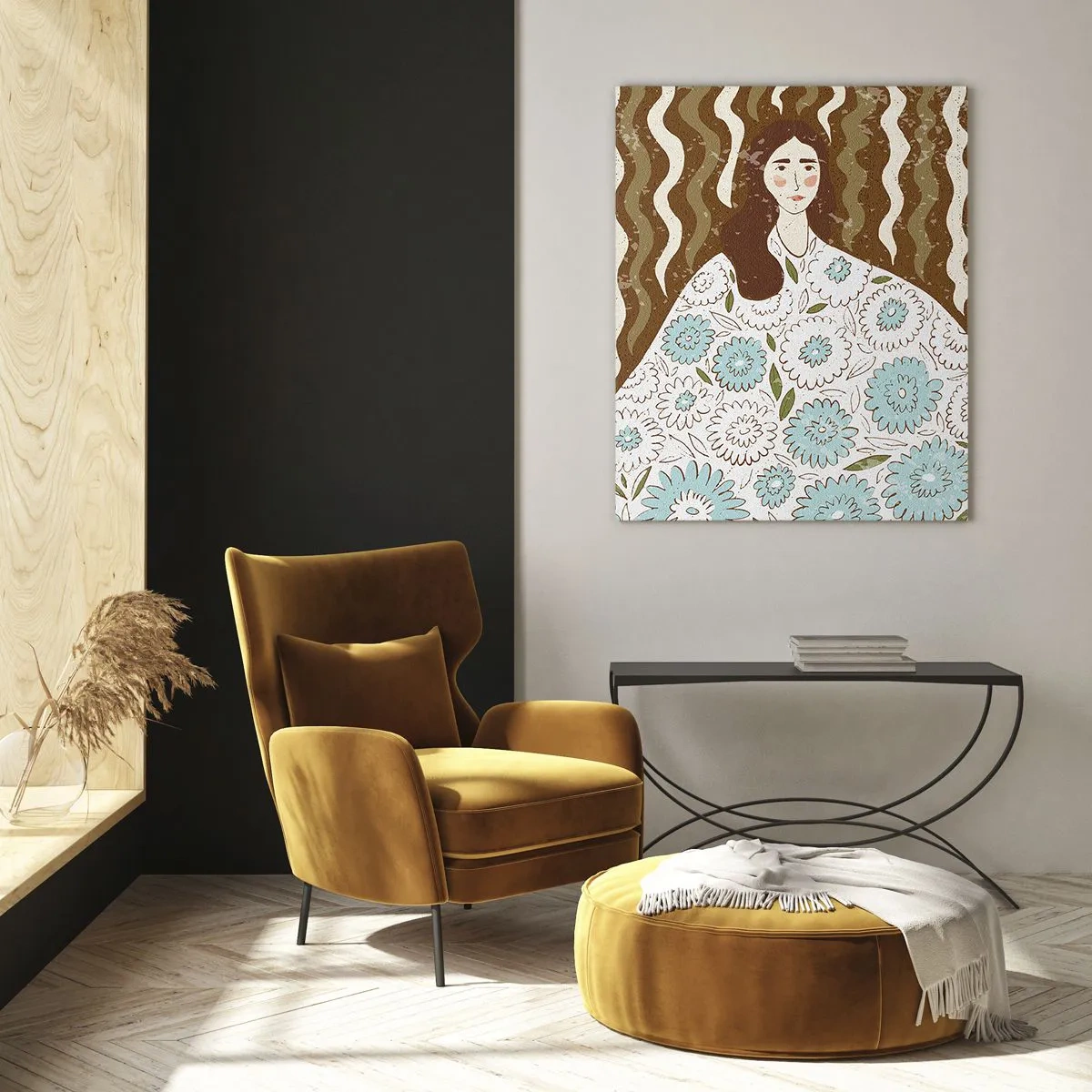 Quadro em vidro - Retrato em um manto floral - 70x100 cm