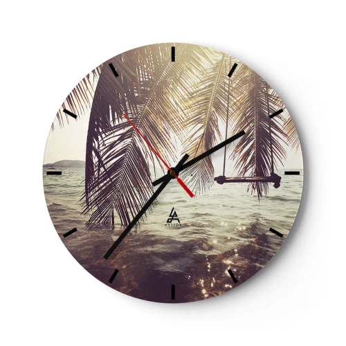 Relógio de parede - Relógio em vidro - Redes e palmeiras sobre a água ao pôr do sol - 30x30cm - Deixe-se levar pela imaginação - Decoração de parede moderna para a sala de estar, cozinha e quarto ARTTOR