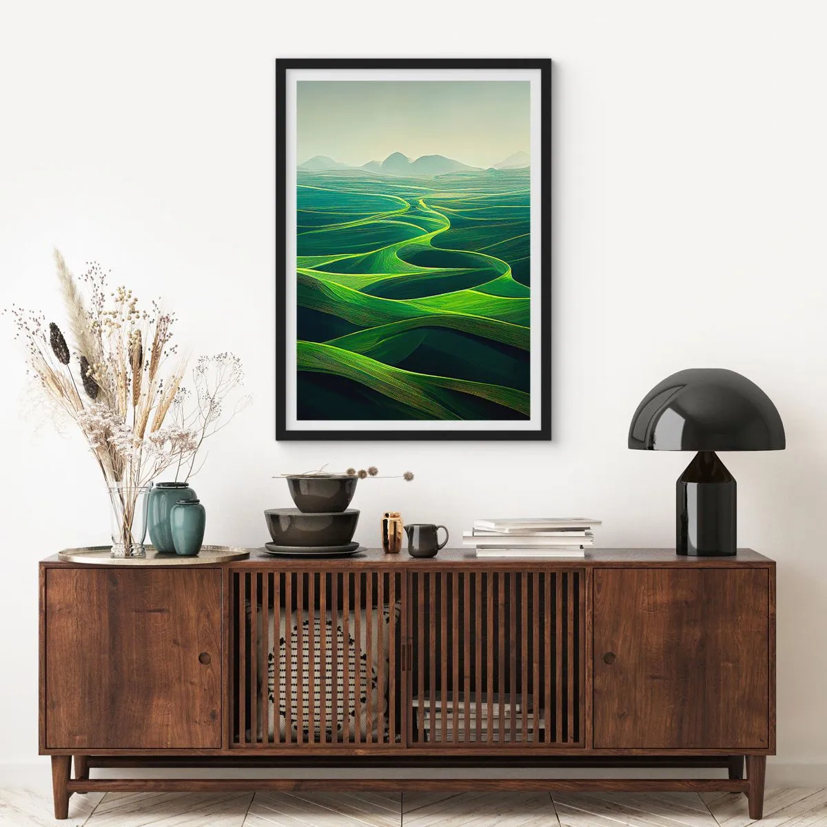Pôster com moldura preta - Campos verdejantes com vista para as montanhas - 50x70cm - Nos vales verdes - Decoração de parede moderna para a sala de estar e quarto ARTTOR