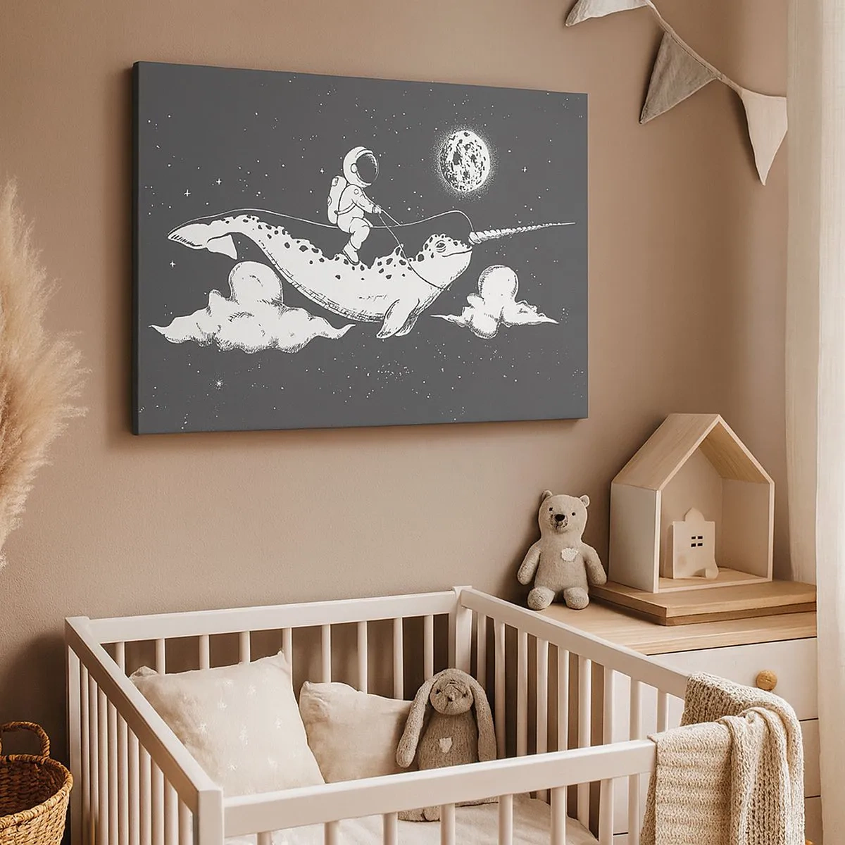 Quadro em tela - Um astronauta nas costas de um narval flutuando em uma cena espacial. - 70x50cm - Cavaleiro Espacial - Decoração de parede moderna para a sala de estar e quarto ARTTOR