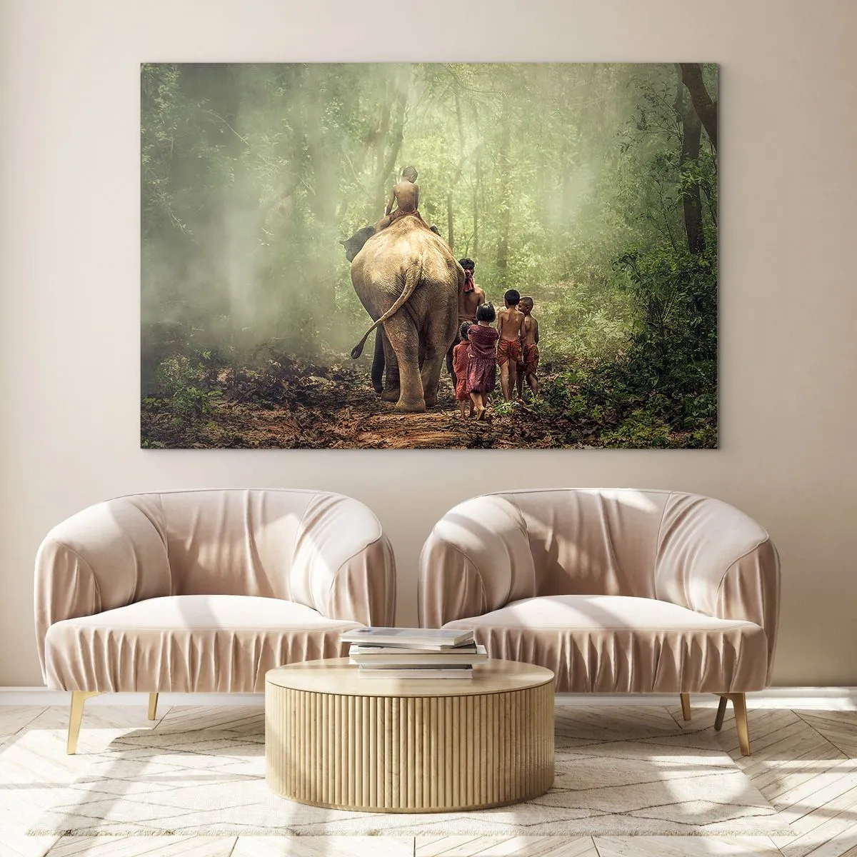 Quadro em vidro - Um elefante na floresta com crianças em trajes tradicionais - 70x50cm - Novo Livro da Selva - Decoração de parede moderna para a sala de estar e quarto ARTTOR
