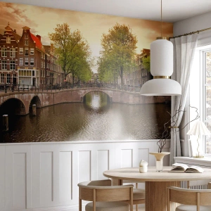 Papel de parede personalizado Adesivo Deluxe Sticker - De barco ou bicicleta? - Cidade, Amsterdã, Canal da ponte para barcos