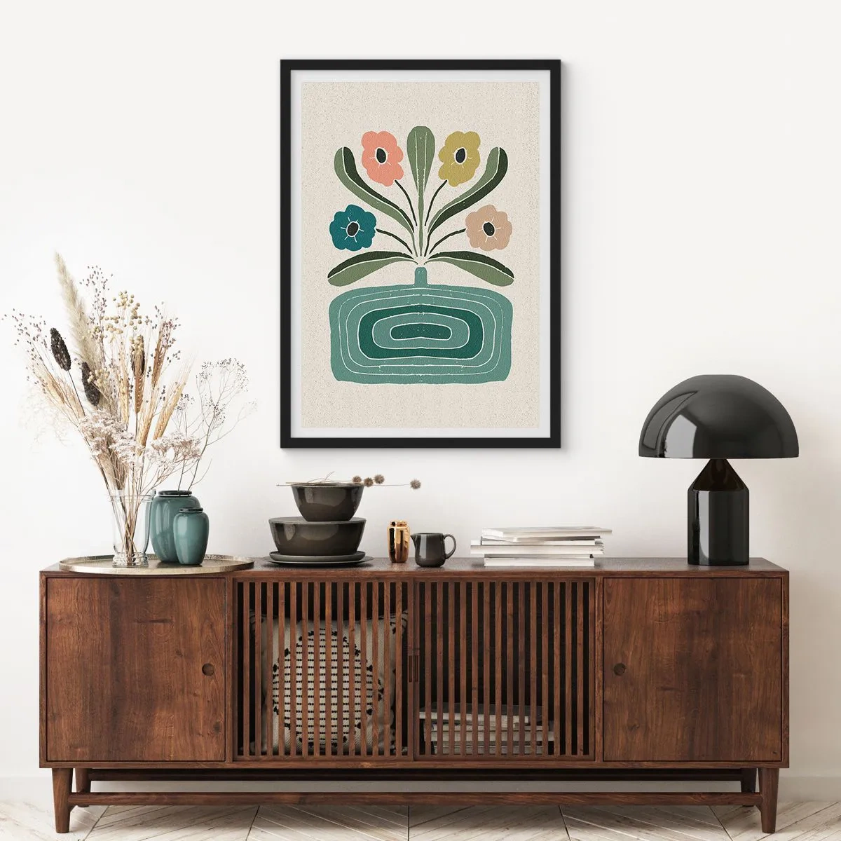 Pôster com moldura preta - Flores estilizadas em uma composição gráfica - 50x70cm - Buquê simétrico - Decoração de parede moderna para a sala de estar e quarto ARTTOR