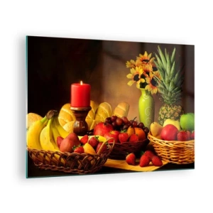 Quadro em vidro - Uma composição de frutas, pão e uma vela em estilo rústico - 70x50cm - Natureza morta com pão e fruta - Decoração de parede moderna para a sala de estar e quarto ARTTOR