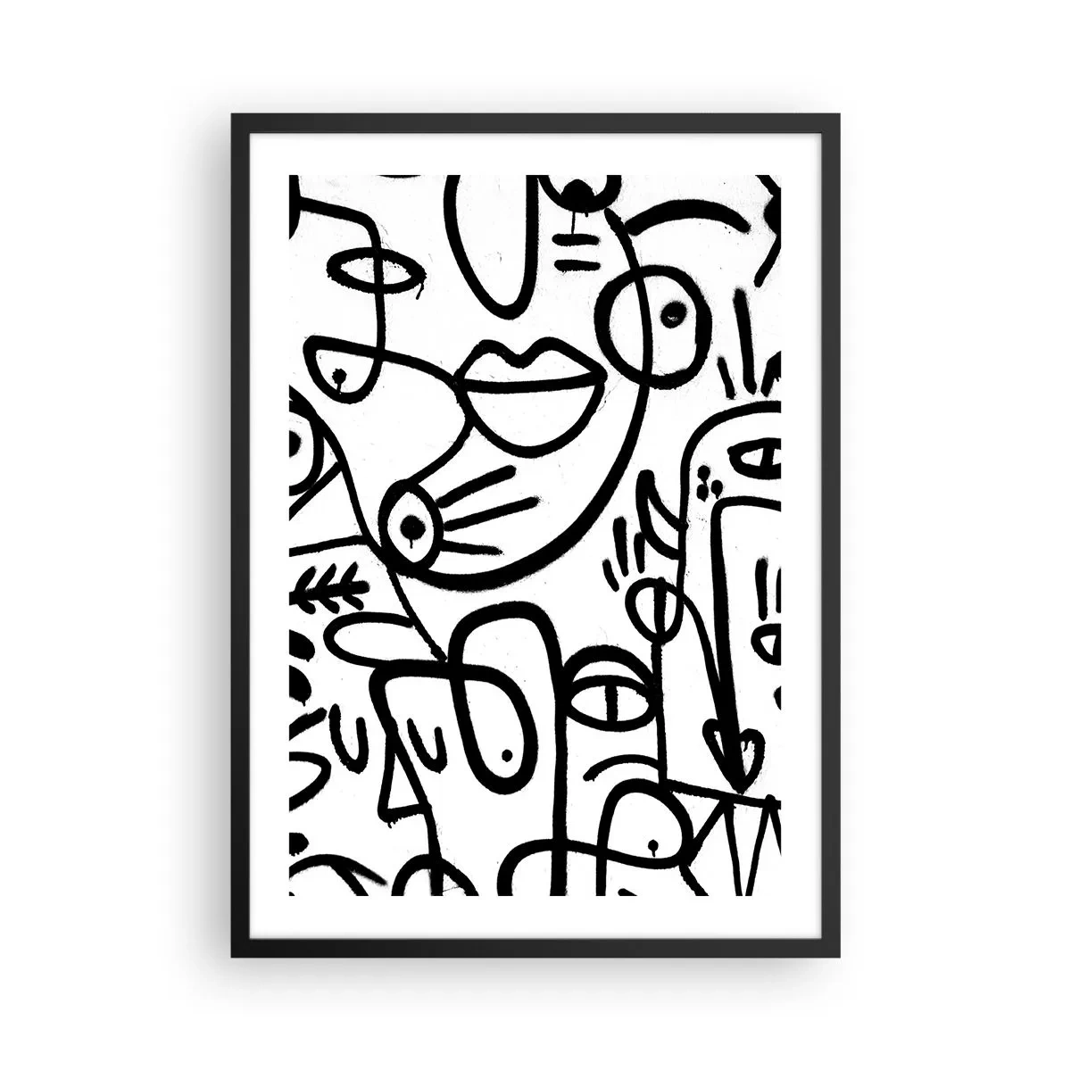 Pôster com moldura preta - Linhas pretas abstratas em um fundo branco - 50x70cm - Rostos e miragens - Decoração de parede moderna para a sala de estar e quarto ARTTOR