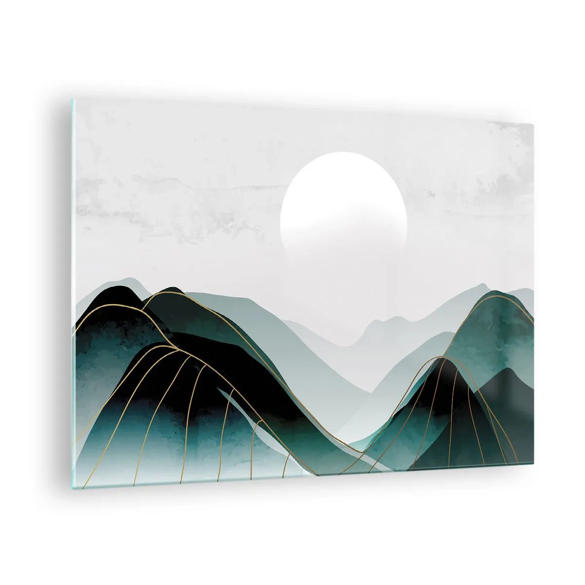 Quadro em vidro - Paisagem montanhosa com sol branco e linhas douradas - 70x50cm - Em plena majestade - Decoração de parede moderna para a sala de estar e quarto ARTTOR