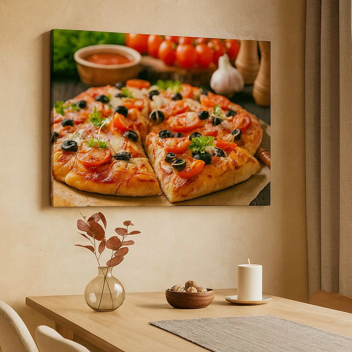 Quadro em tela - Pizza com tomates, azeitonas e ervas frescas na mesa - 70x50cm - Direto do forno - Decoração de parede moderna para a sala de estar e quarto ARTTOR