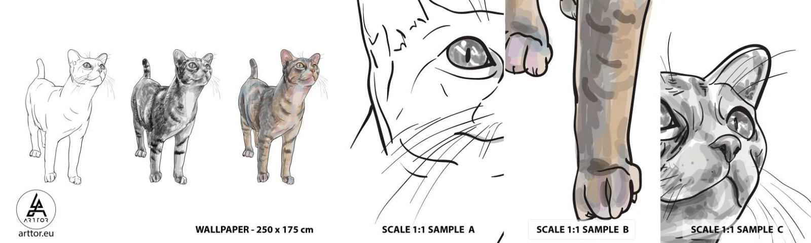 Amostra de Papel de Parede Standard Eco - Aula de desenho - Animais, Gato, Para crianças - 100x30 cm