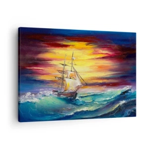 Quadro em tela - Um veleiro tendo como pano de fundo um pôr do sol colorido - 70x50cm - Corajosamente contra as ondas - Decoração de parede moderna para a sala de estar e quarto ARTTOR
