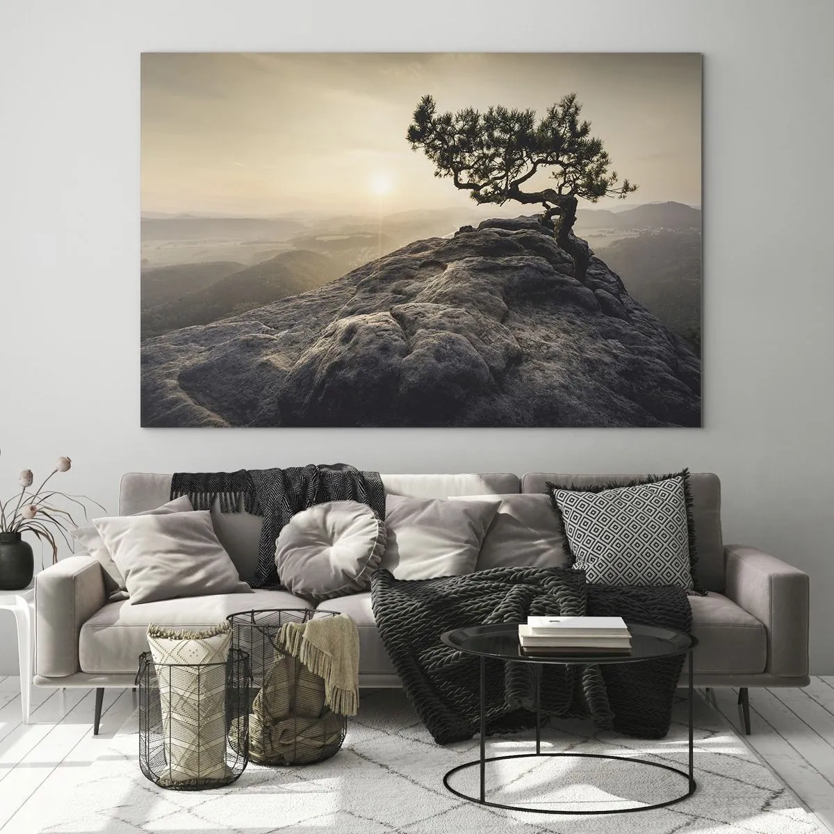 Quadro em vidro - Uma árvore sobre uma rocha à luz do sol nascente - 70x50cm - A vida ganha sempre - Decoração de parede moderna para a sala de estar e quarto ARTTOR