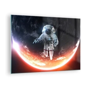 Quadro em vidro - Astronauta no espaço com um planeta ao fundo - 70x50cm - Posso ficar um pouco mais? - Decoração de parede moderna para a sala de estar e quarto ARTTOR