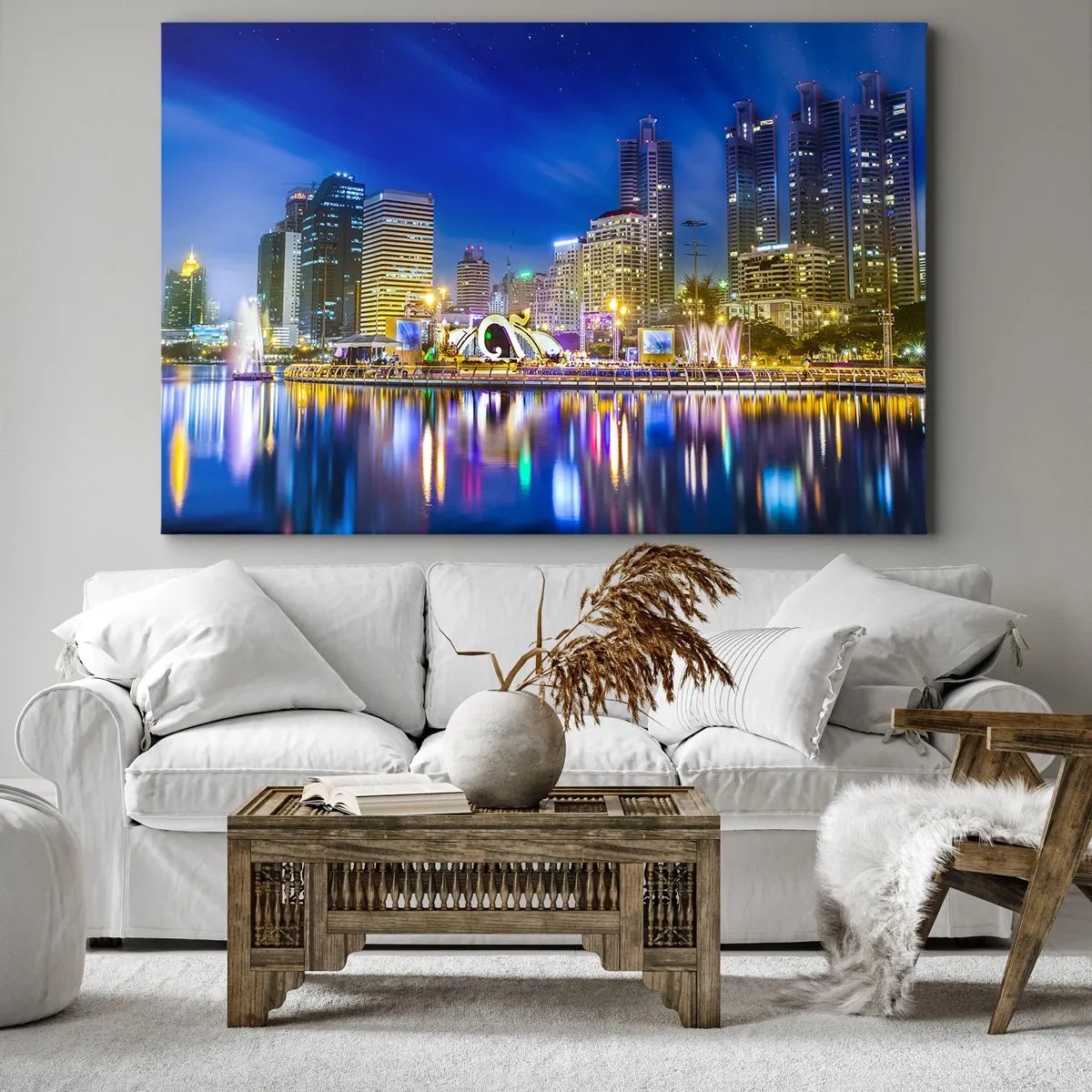 Quadro em tela - Panorama noturno da cidade com luzes refletidas na água - 70x50cm - Noite arco-íris da metrópole - Decoração de parede moderna para a sala de estar e quarto ARTTOR