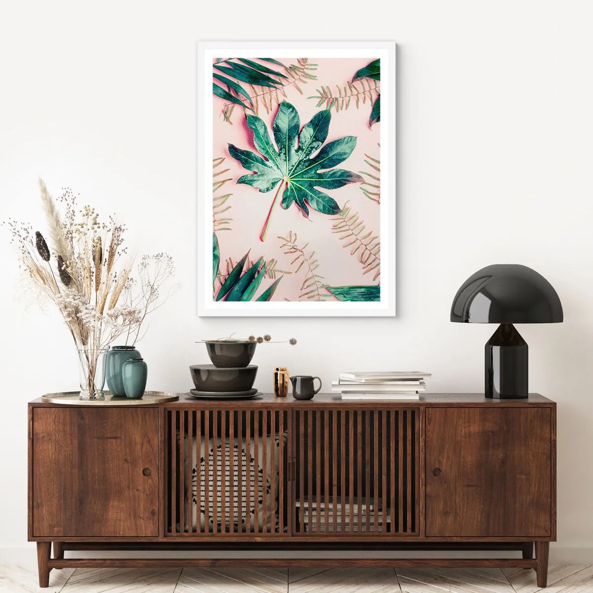 Pôster em moldura branca - Estudo do verde em um fundo rosa - 70x100 cm