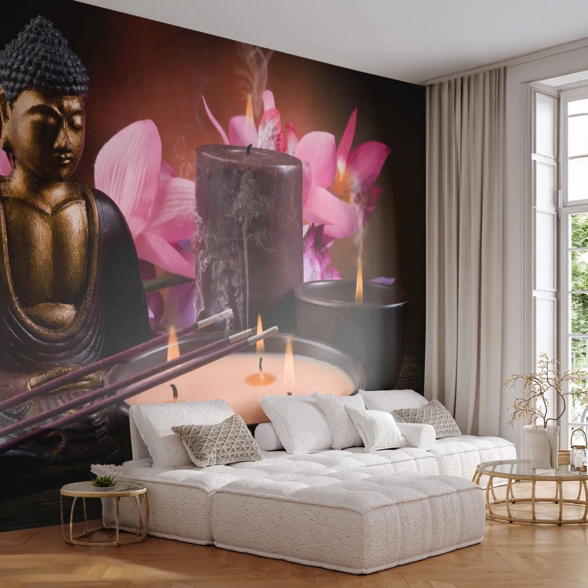 Papel de Parede Autocolante Deluxe Sticker - Limpar a mente, acalmar o corpo - Buda, Religião, Flores - 250x175 cm