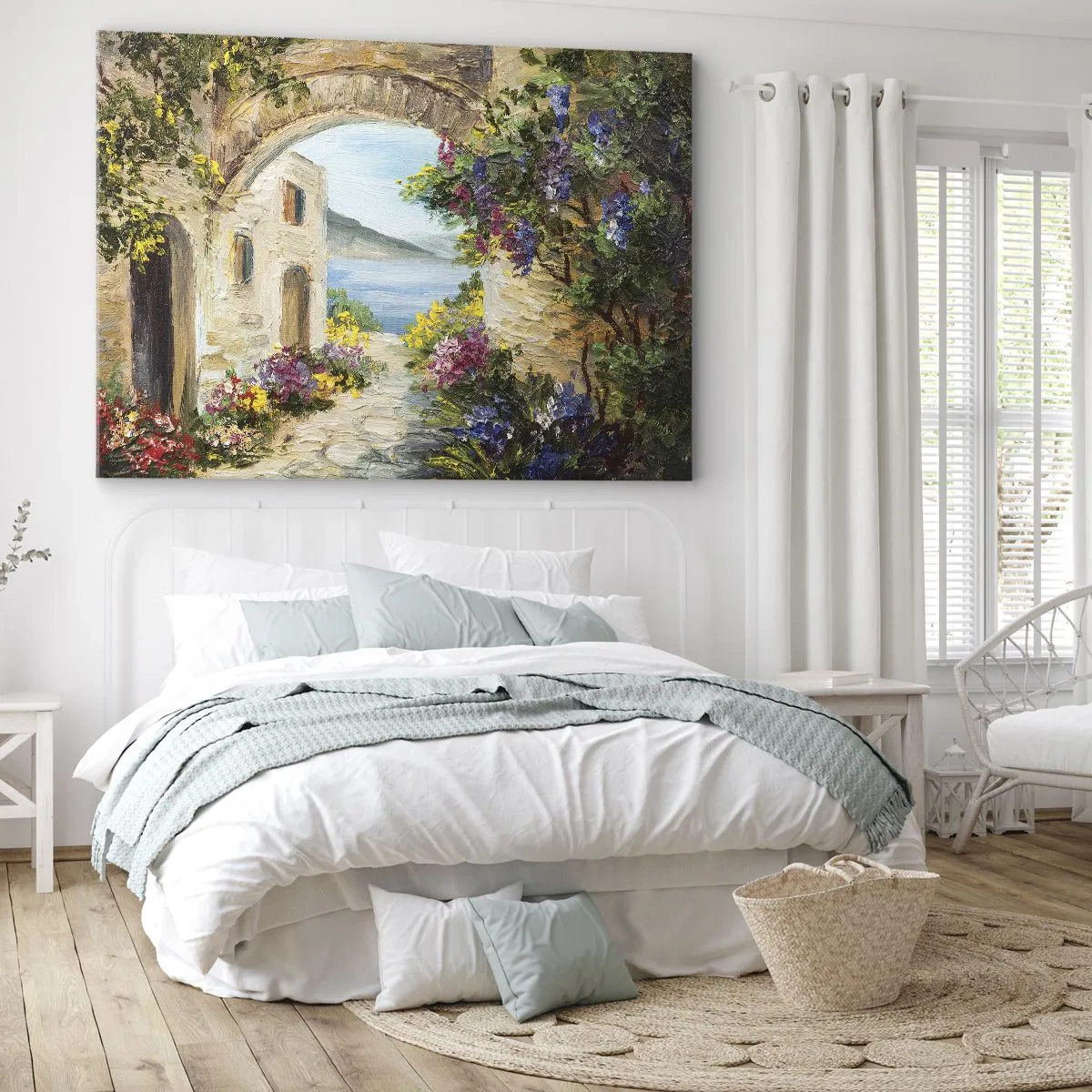 Quadro em tela - Paisagem costeira com edifícios de pedra e flores - 70x50cm - O encanto da província costeira - Decoração de parede moderna para a sala de estar e quarto ARTTOR