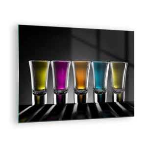 Quadro em vidro - Óculos coloridos em fundo preto em estilo minimalista - 70x50cm - Tons da alegria - Decoração de parede moderna para a sala de estar e quarto ARTTOR