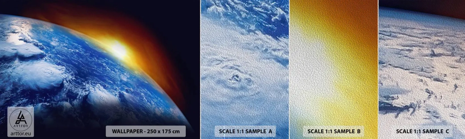 Amostra de papel de parede Premium Sand - Nascer do sol sobre o planeta azul - Abstração, 3D, Cosmos - 100x30 cm