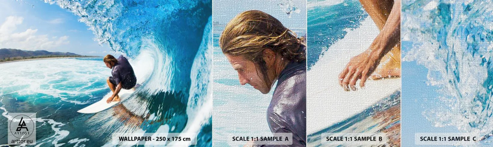 Amostra de papel de parede Premium Canvas - Dançando com as ondas - Esporte, Surfar, Prancha de surfe - 100x30 cm