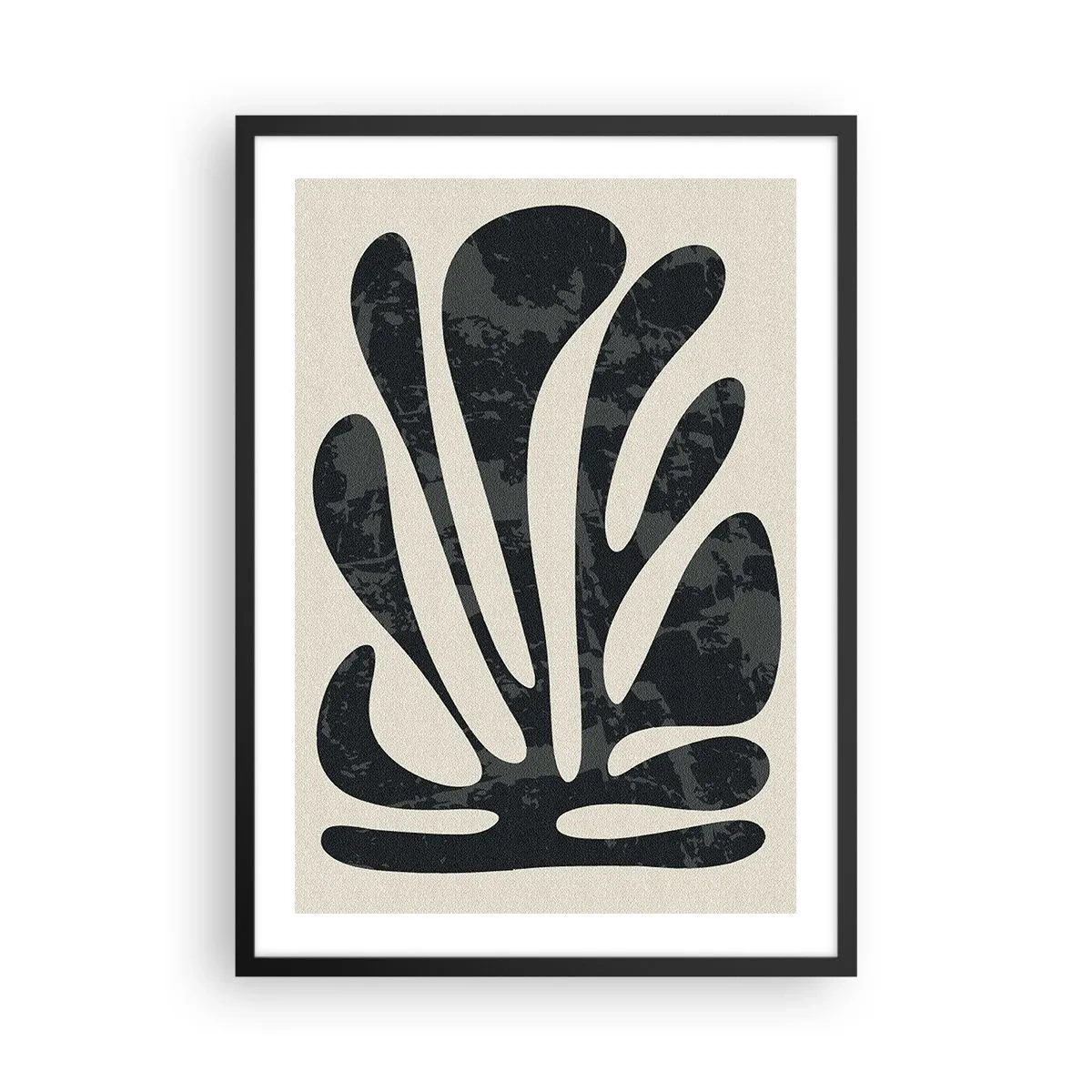Pôster com moldura preta - Forma abstrata de planta preta em um fundo bege - 50x70cm - Abstração com vários dedos - Decoração de parede moderna para a sala de estar e quarto ARTTOR