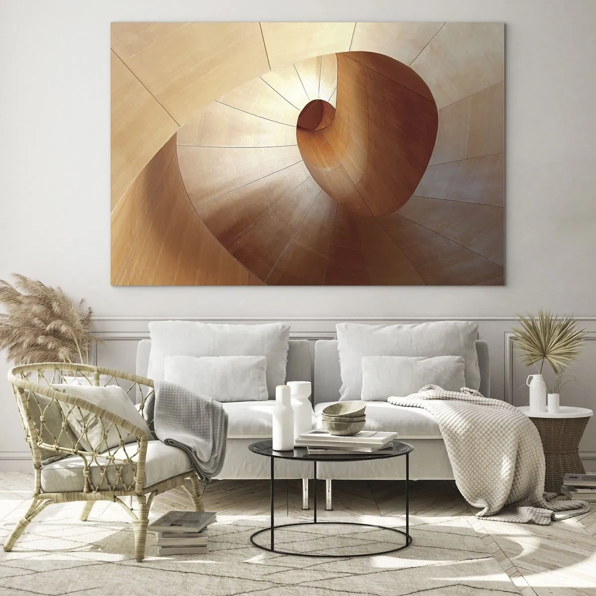 Quadro em vidro - Estrutura arquitetônica em espiral de madeira em cores quentes - 70x50cm - Serpentina arquitetônica - Decoração de parede moderna para a sala de estar e quarto ARTTOR