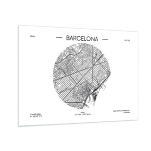 Quadro em vidro - Um mapa minimalista de Barcelona com uma estética em preto e branco - 70x50cm - Anatomia de Barcelona - Decoração de parede moderna para a sala de estar e quarto ARTTOR