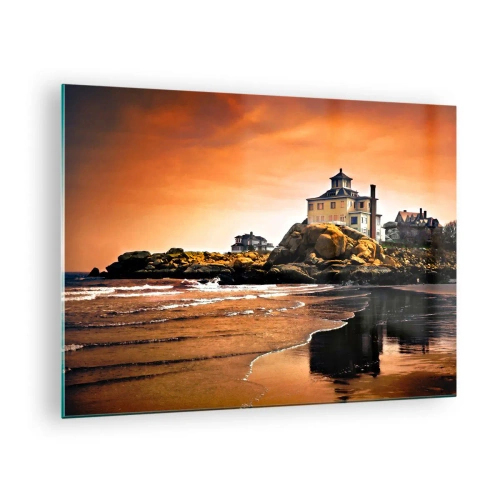Quadro em vidro - Casa em um penhasco com vista para o mar ao pôr do sol - 70x50cm - Elegância da Costa Oeste - Decoração de parede moderna para a sala de estar e quarto ARTTOR