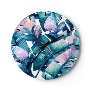 Relógio de parede - Relógio em vidro - Folhas tropicais em tons de verde e rosa - 30x30cm - Em um bananeiro - Decoração de parede moderna para a sala de estar, cozinha e quarto ARTTOR