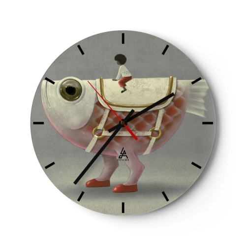 Relógio de parede - Relógio em vidro - Uma figura em um peixe grande com uma sela e botas em um fundo cinza - 30x30cm - O cavaleiro Peixoso - Decoração de parede moderna para a sala de estar, cozinha e quarto ARTTOR