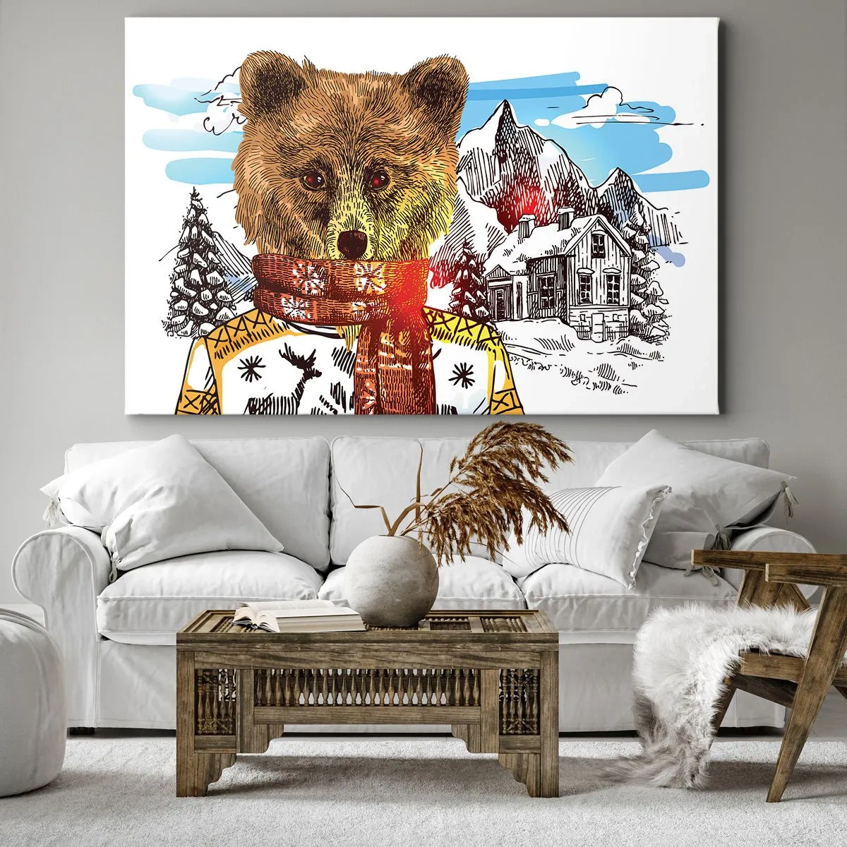 Quadro em tela - Um urso com um suéter e cachecol com uma casa na montanha ao fundo - 70x50cm - Cabana de urso - Decoração de parede moderna para a sala de estar e quarto ARTTOR