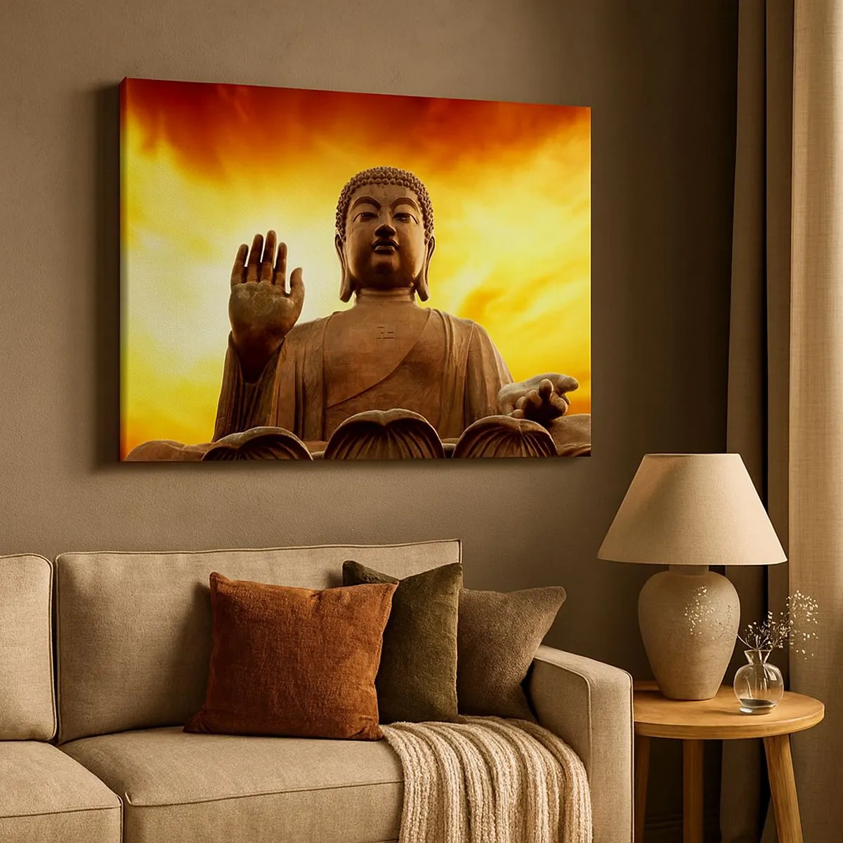 Quadro em tela - Uma estátua de Buda contra um céu dourado de pôr do sol - 70x50cm - Paz do mundo - Decoração de parede moderna para a sala de estar e quarto ARTTOR